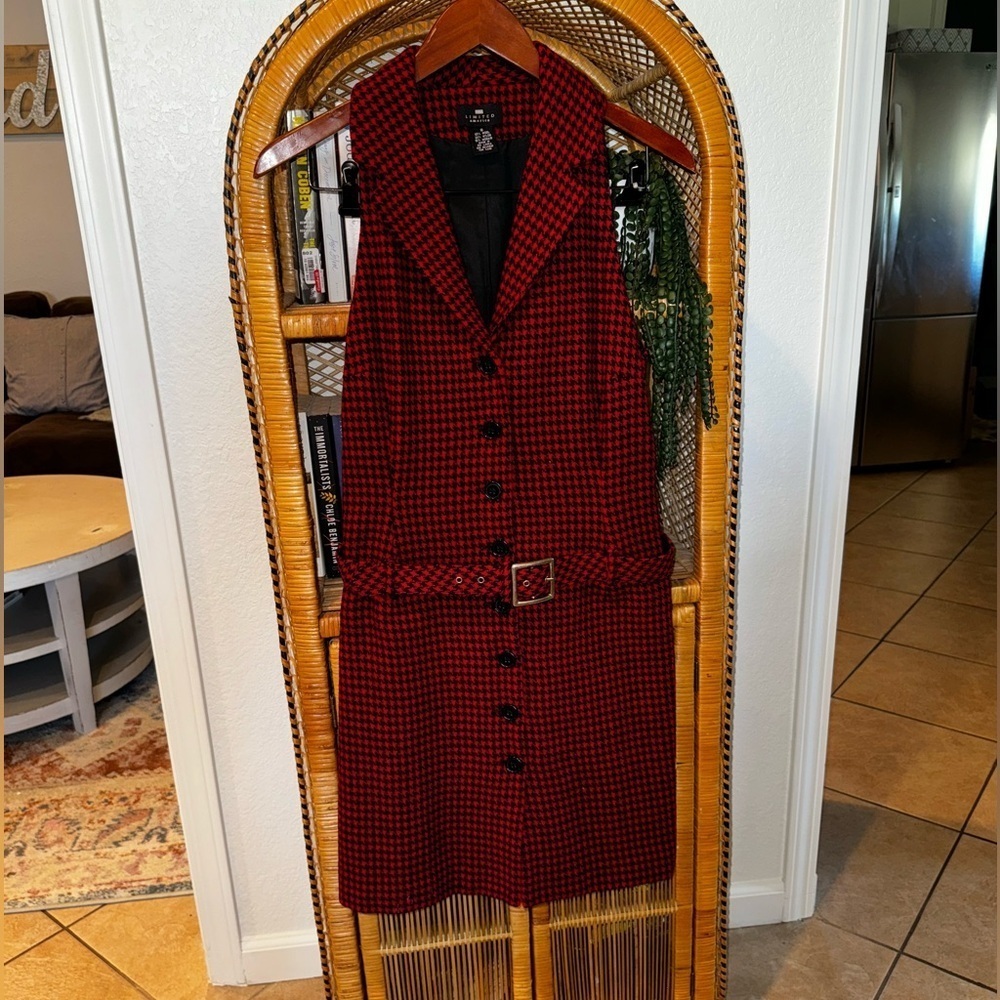 The Limited Vintage Wool Blend Red Black Houndstooth Button Down Belted Dress 8